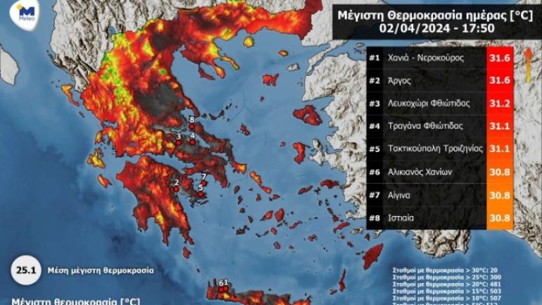 meteo: Θερμοκρασίες μεγαλύτερες των 30 °C κατέγραψαν 20 μετεωρολογικοί σταθμοί